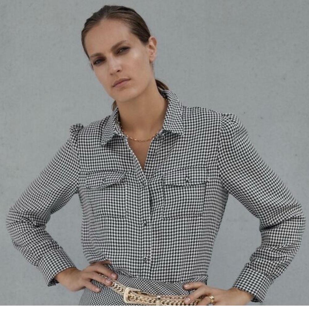 Zara Houndstooth Button Down Blouse - image 1